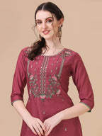 Embroidered Kurta With Pant & Printed Dupatta Set, Multicolor - Hiral Fashion