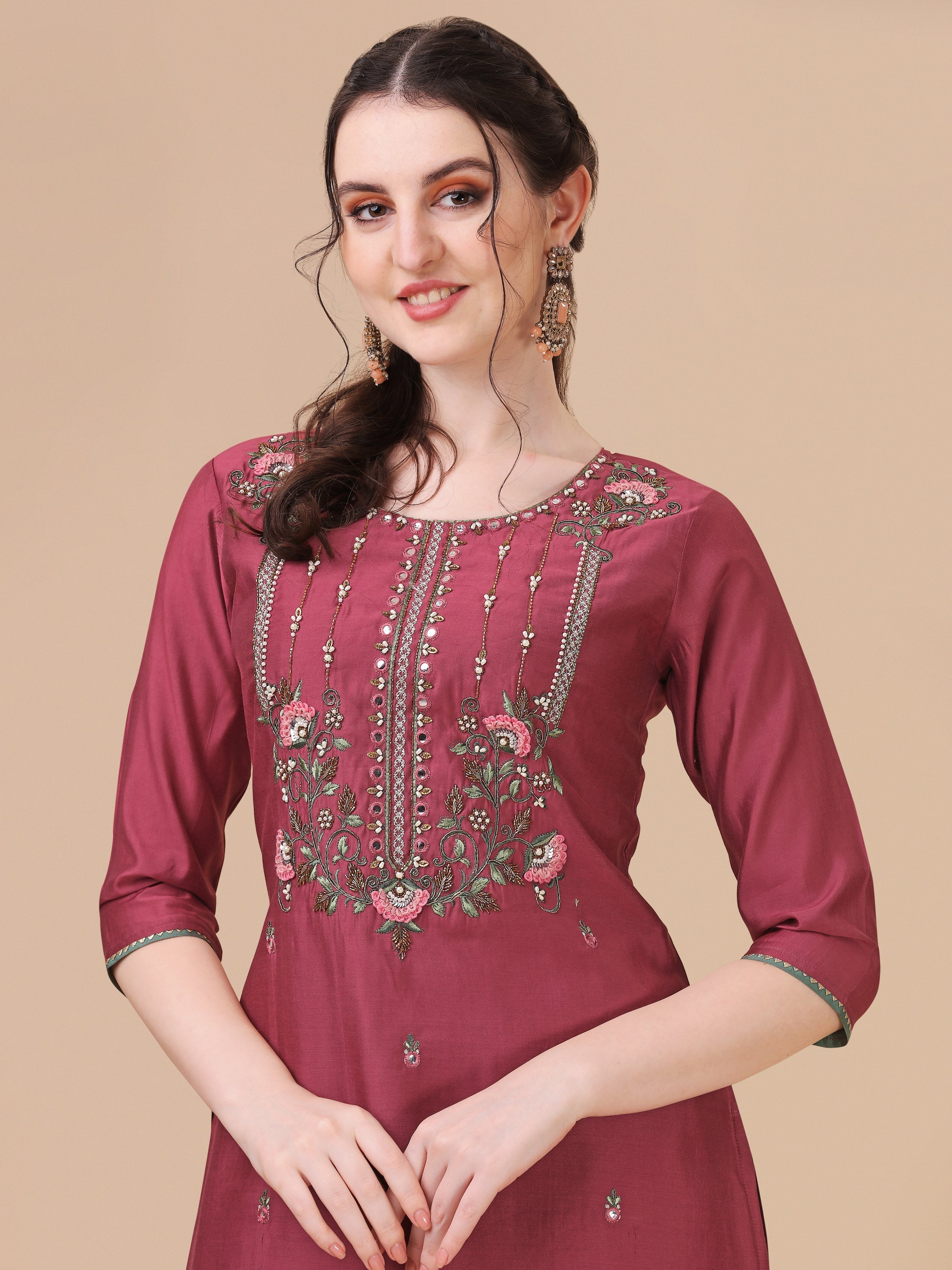 Embroidered Kurta With Pant & Printed Dupatta Set, Multicolor - Hiral Fashion