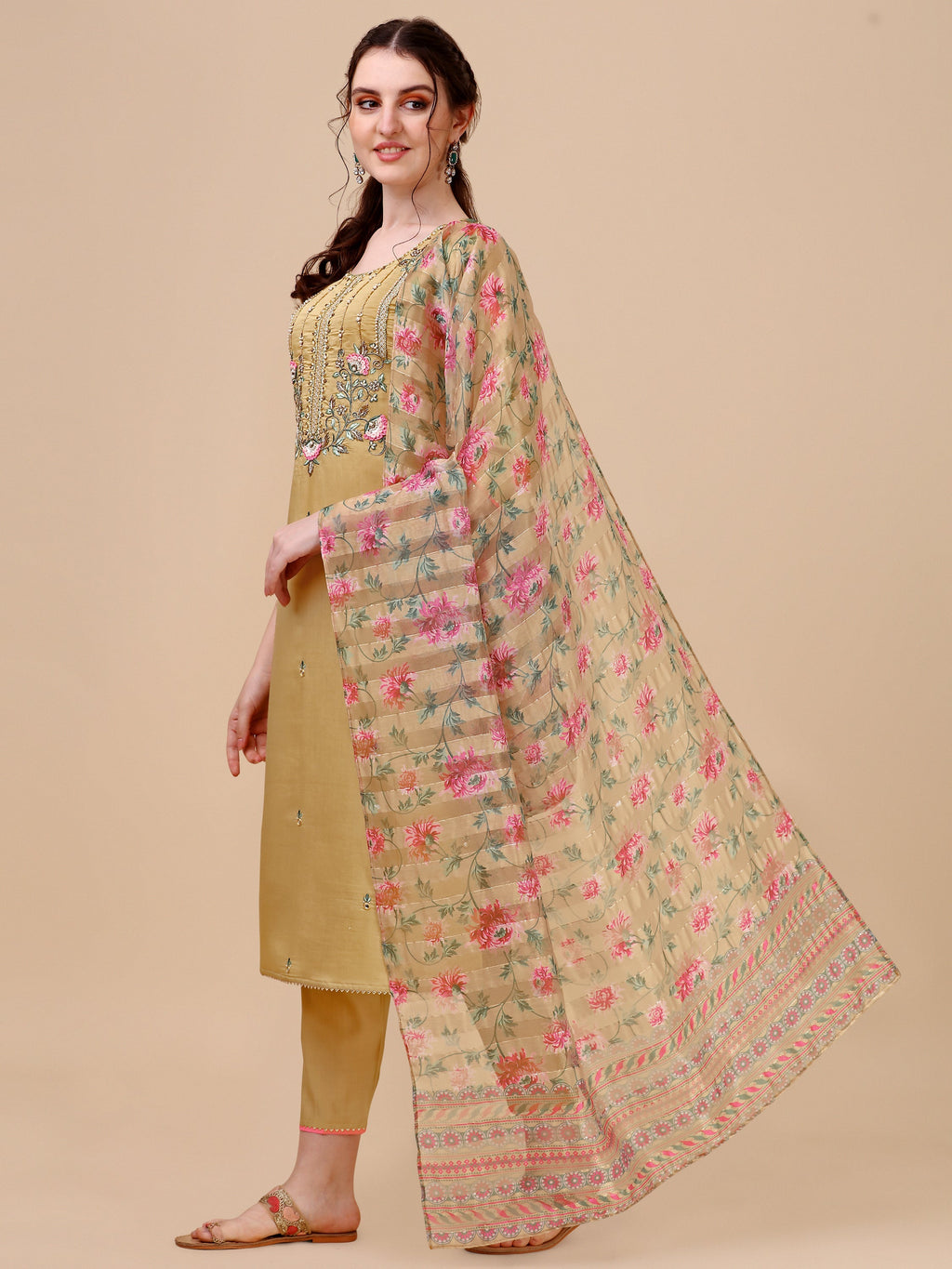 Embroidered Kurta With Pant & Printed Dupatta Set, Multicolor - Hiral Fashion