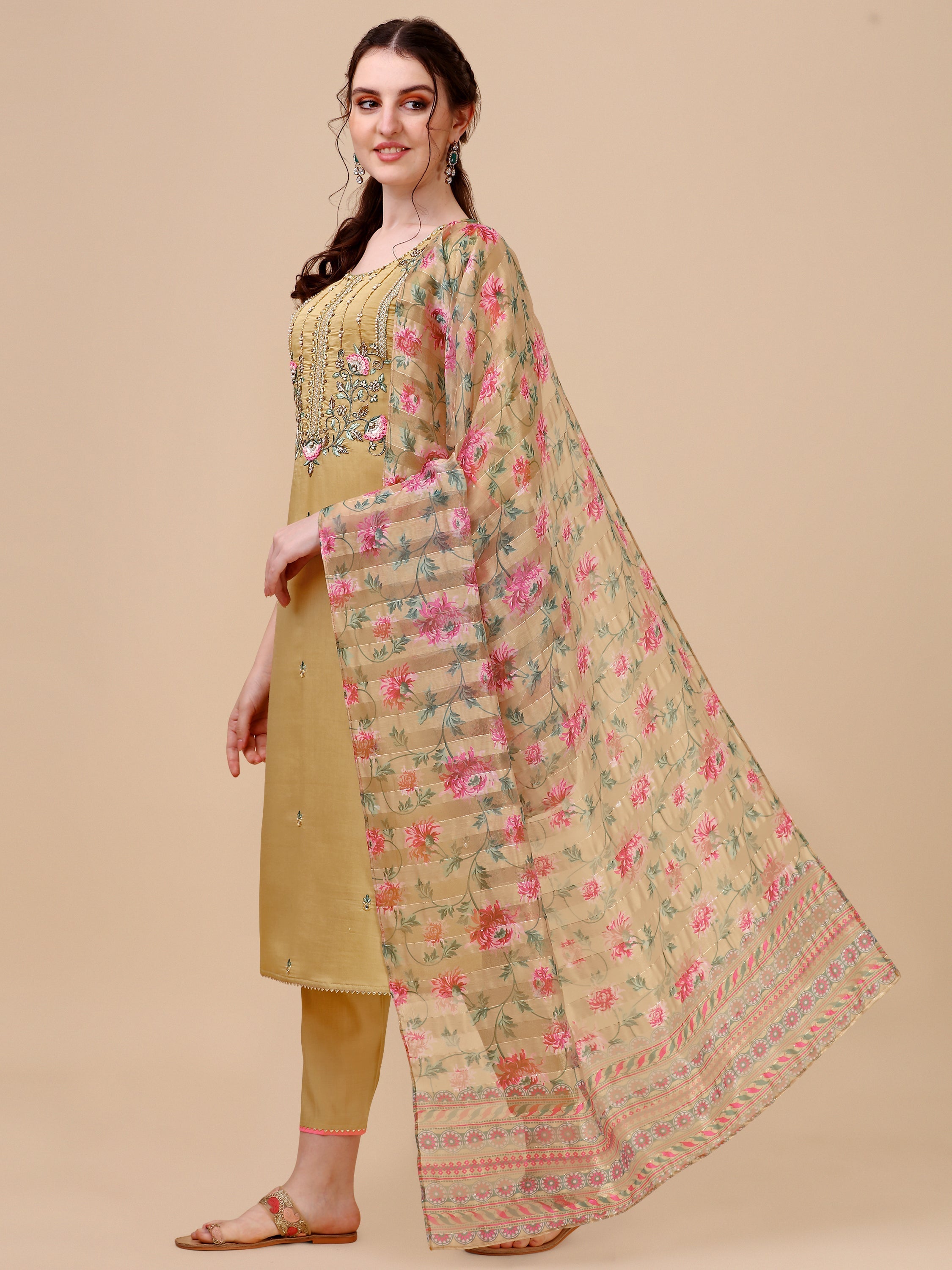 Embroidered Kurta With Pant & Printed Dupatta Set, Multicolor - Hiral Fashion