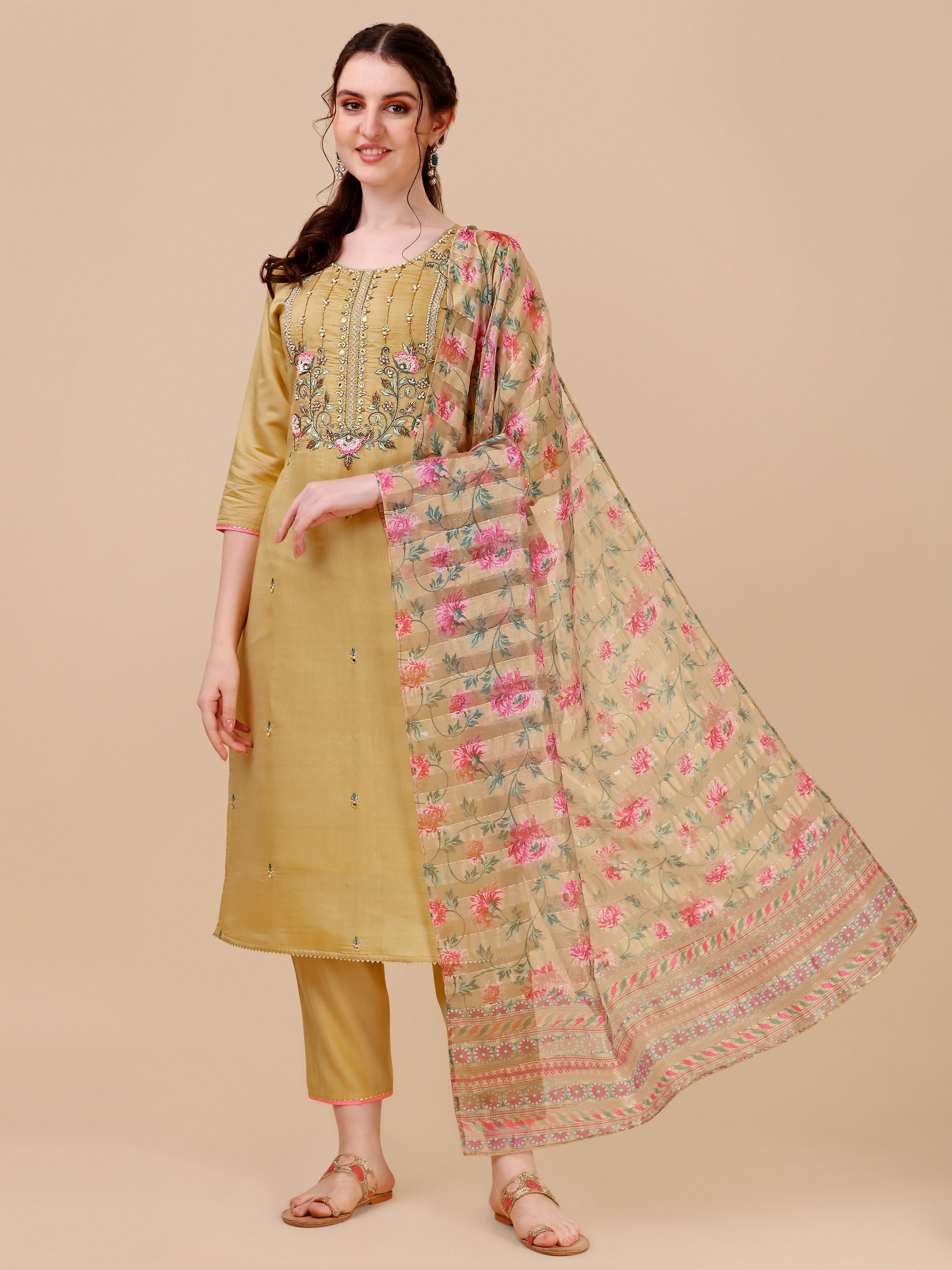 Embroidered Kurta With Pant & Printed Dupatta Set, Multicolor - Hiral Fashion