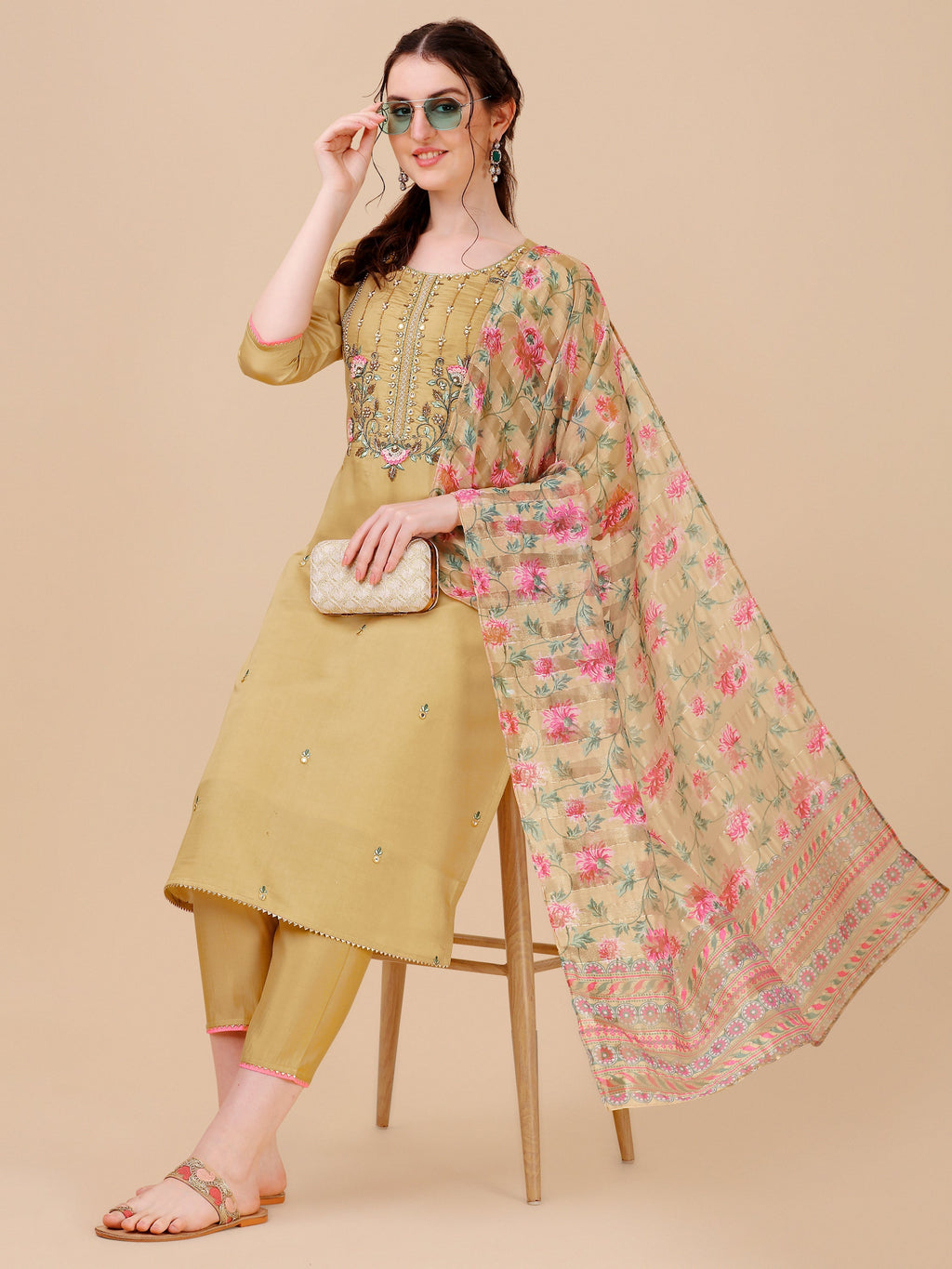 Embroidered Kurta With Pant & Printed Dupatta Set, Multicolor - Hiral Fashion