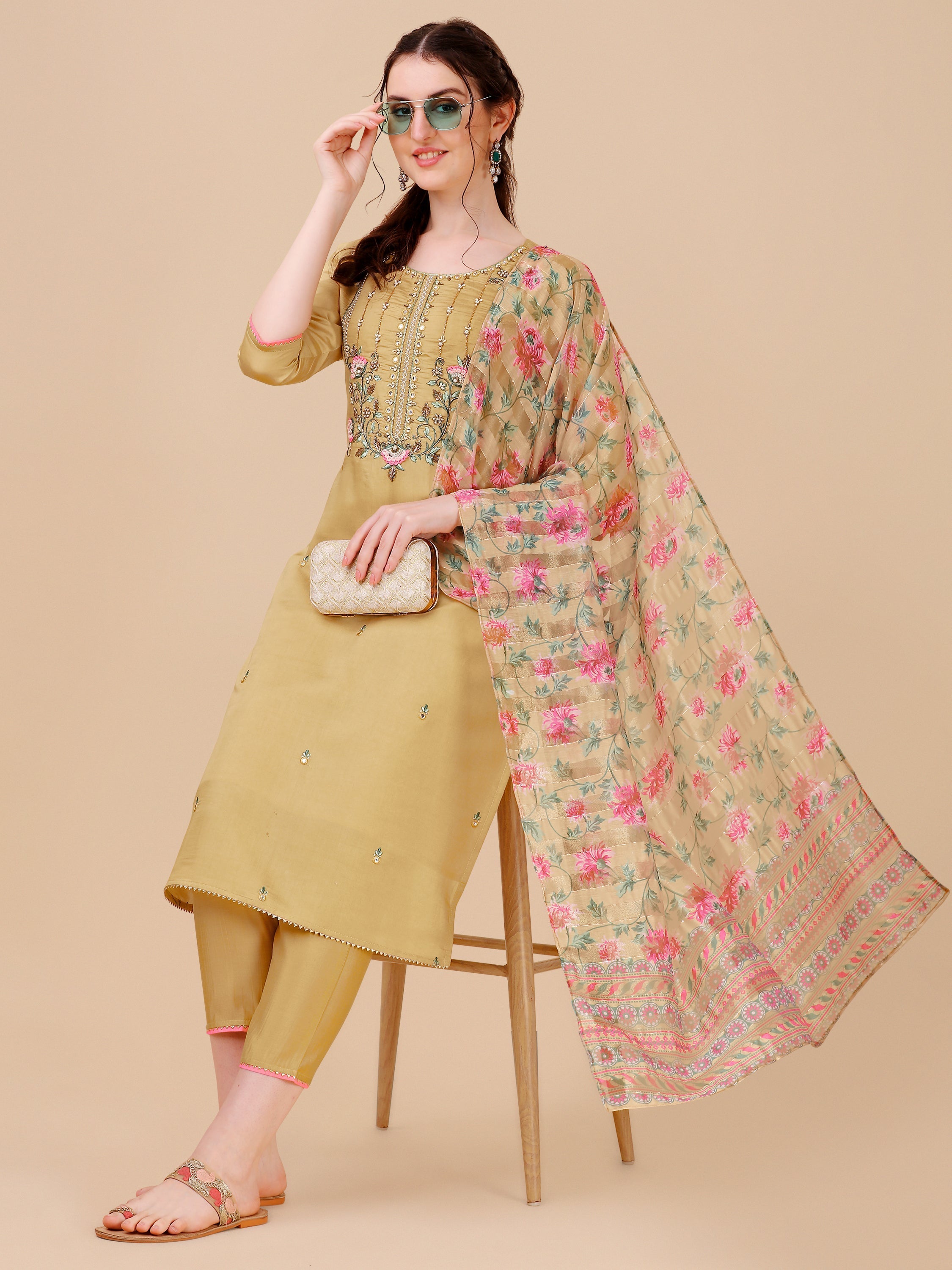 Embroidered Kurta With Pant & Printed Dupatta Set, Multicolor - Hiral Fashion