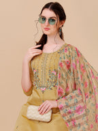 Embroidered Kurta With Pant & Printed Dupatta Set, Multicolor - Hiral Fashion