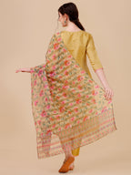 Embroidered Kurta With Pant & Printed Dupatta Set, Multicolor - Hiral Fashion