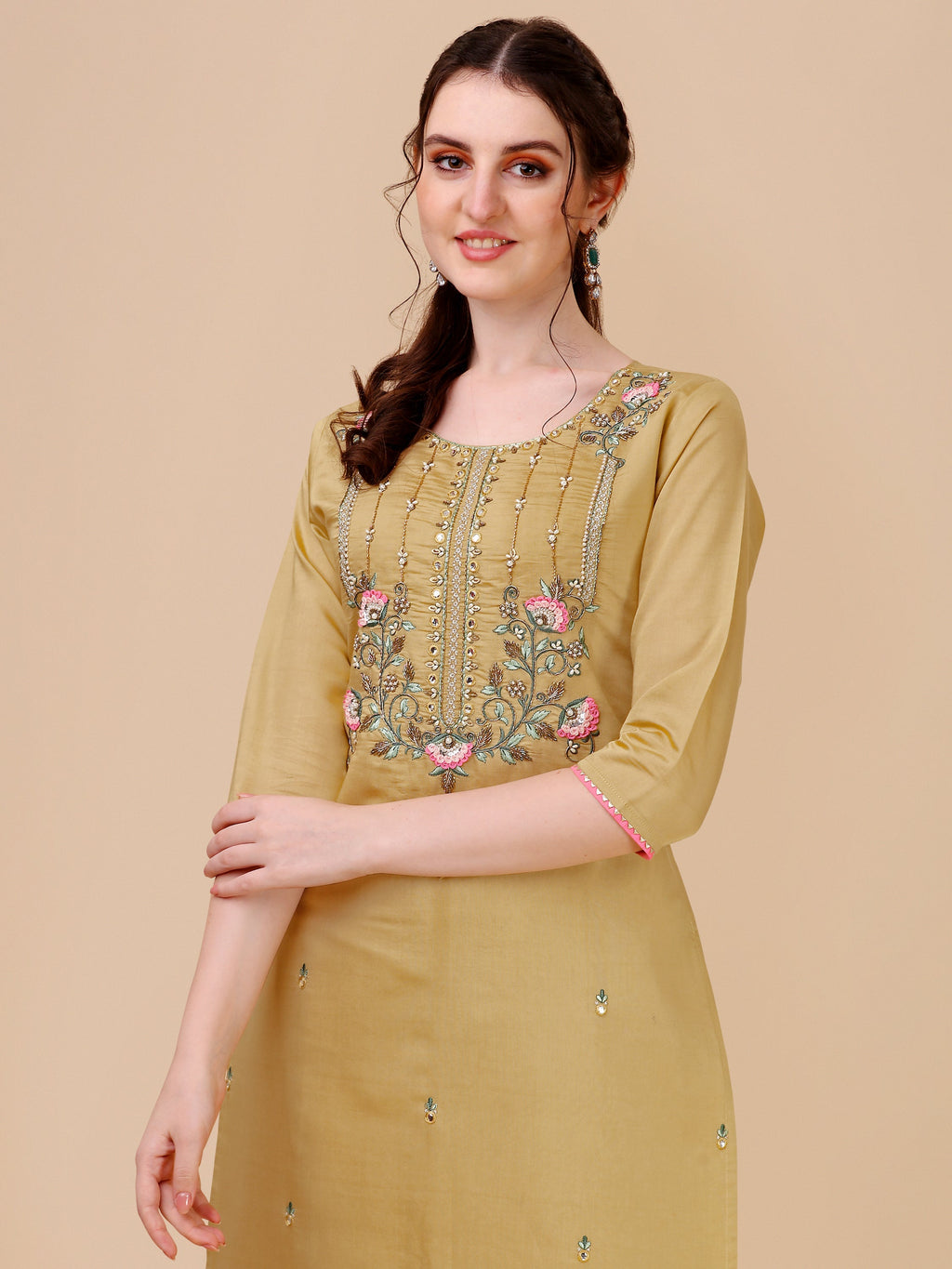 Embroidered Kurta With Pant & Printed Dupatta Set, Multicolor - Hiral Fashion