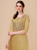 Embroidered Kurta With Pant & Printed Dupatta Set, Multicolor - Hiral Fashion