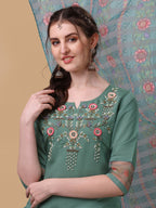 Hand Embroidered Kurta With Pant And Dupatta Set, Multicolor - Hiral Fashion