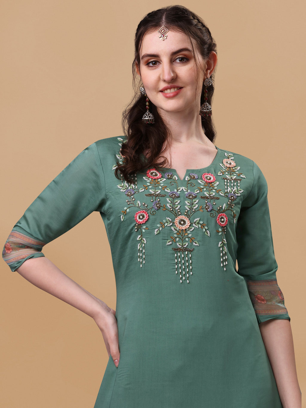 Hand Embroidered Kurta With Pant And Dupatta Set, Multicolor - Hiral Fashion