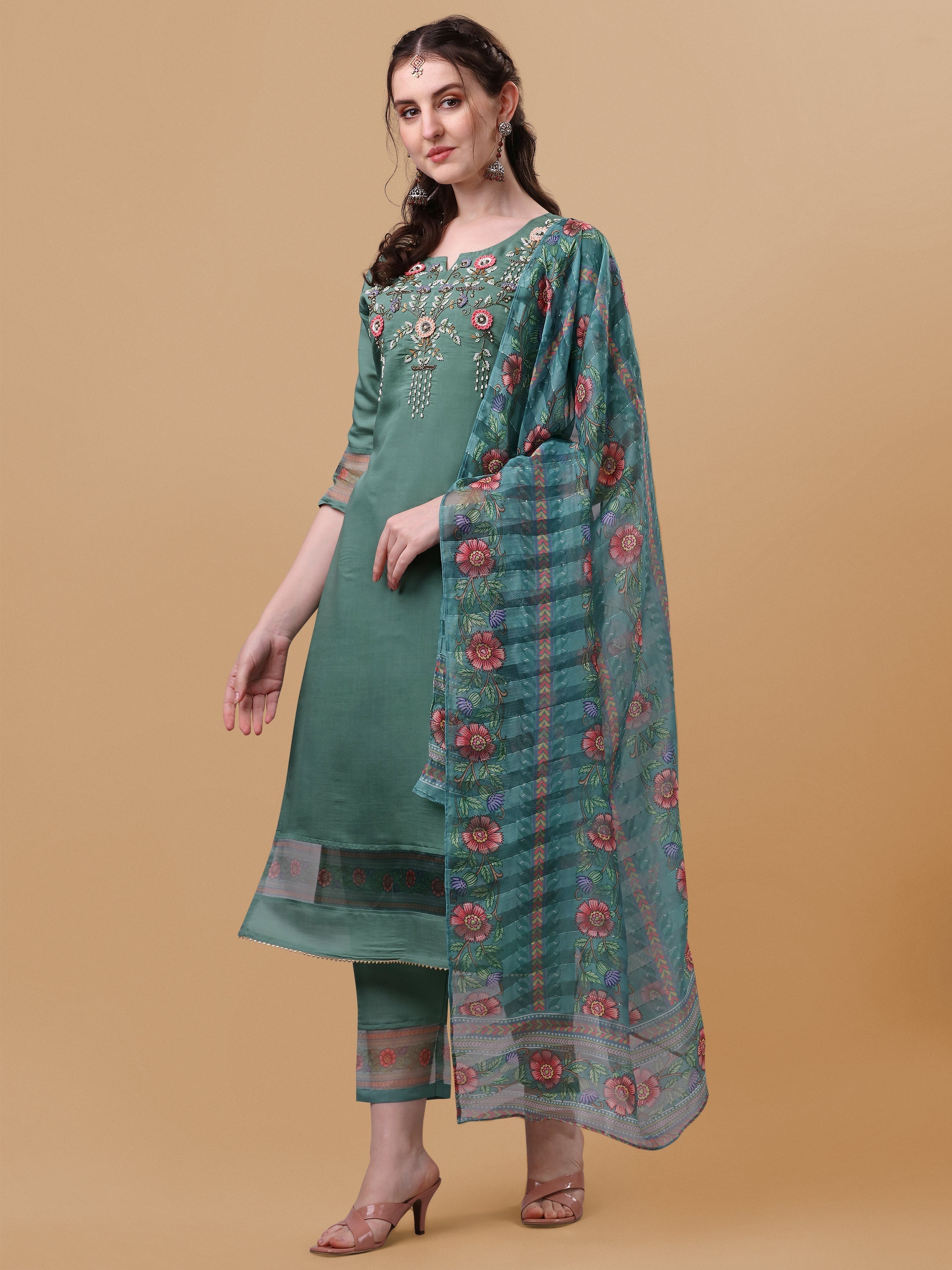 Hand Embroidered Kurta With Pant And Dupatta Set, Multicolor - Hiral Fashion