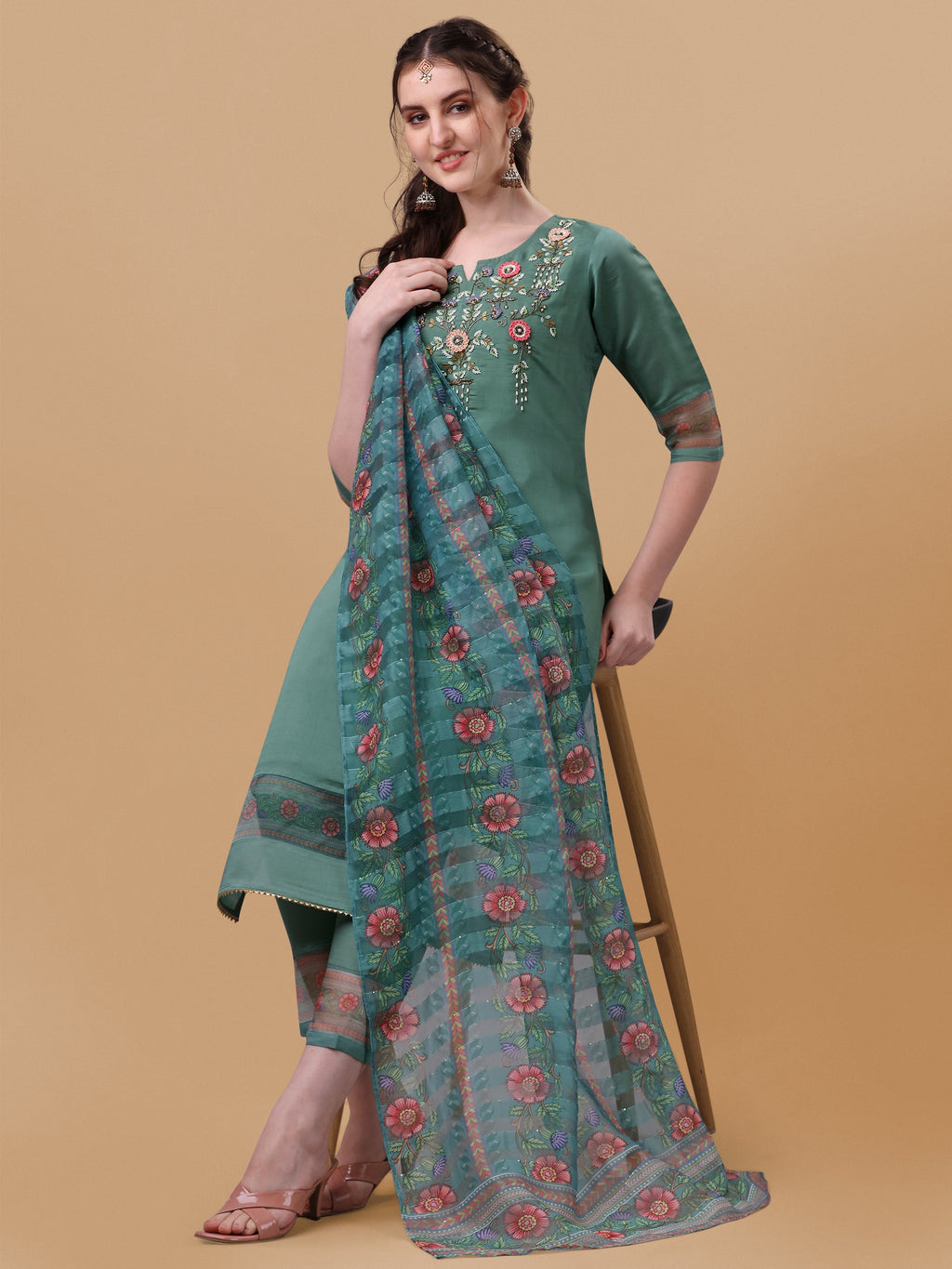 Hand Embroidered Kurta With Pant And Dupatta Set, Multicolor - Hiral Fashion