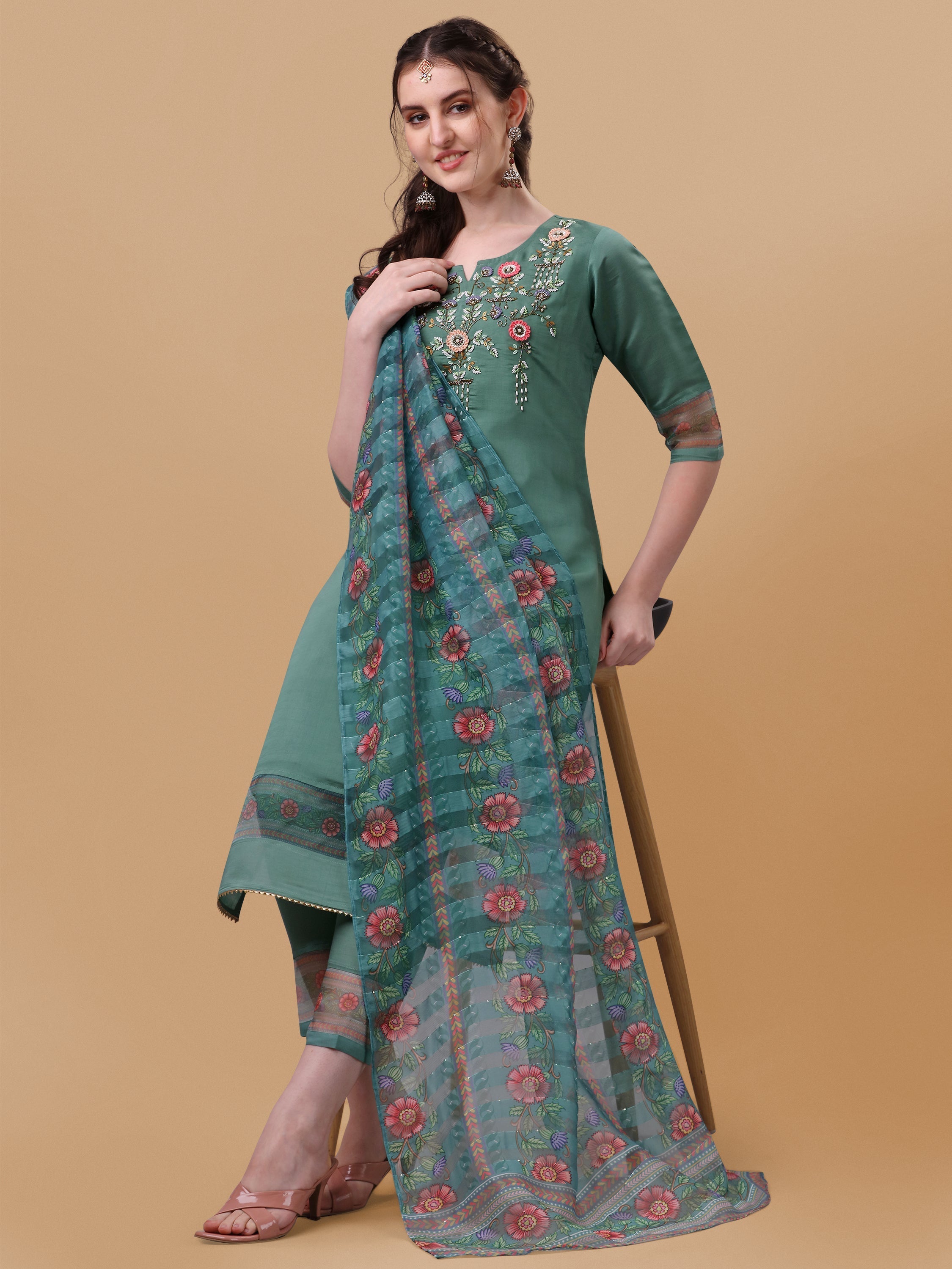 Hand Embroidered Kurta With Pant And Dupatta Set, Multicolor - Hiral Fashion