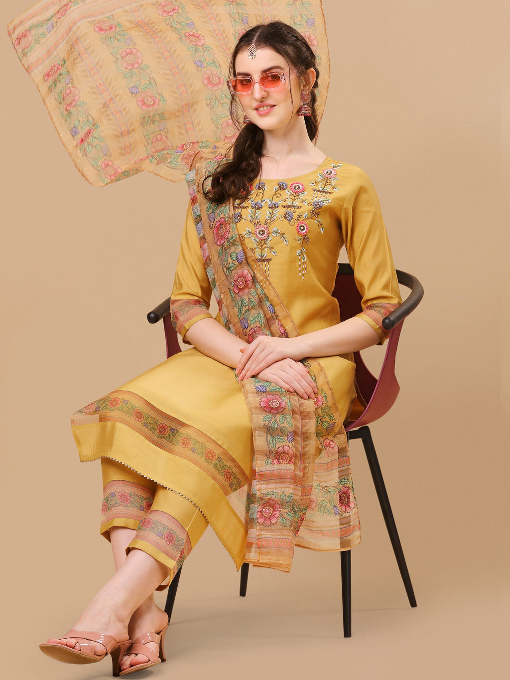Hand Embroidered Kurta With Pant And Organza Printed Dupatta Set, Multicolor - Hiral Fashion
