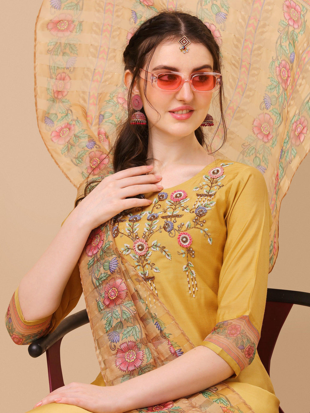 Hand Embroidered Kurta With Pant And Organza Printed Dupatta Set, Multicolor - Hiral Fashion
