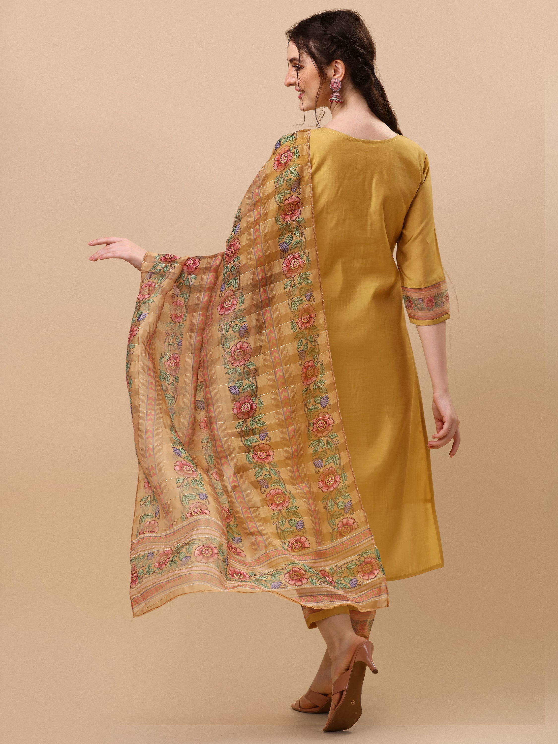 Hand Embroidered Kurta With Pant And Organza Printed Dupatta Set, Multicolor - Hiral Fashion