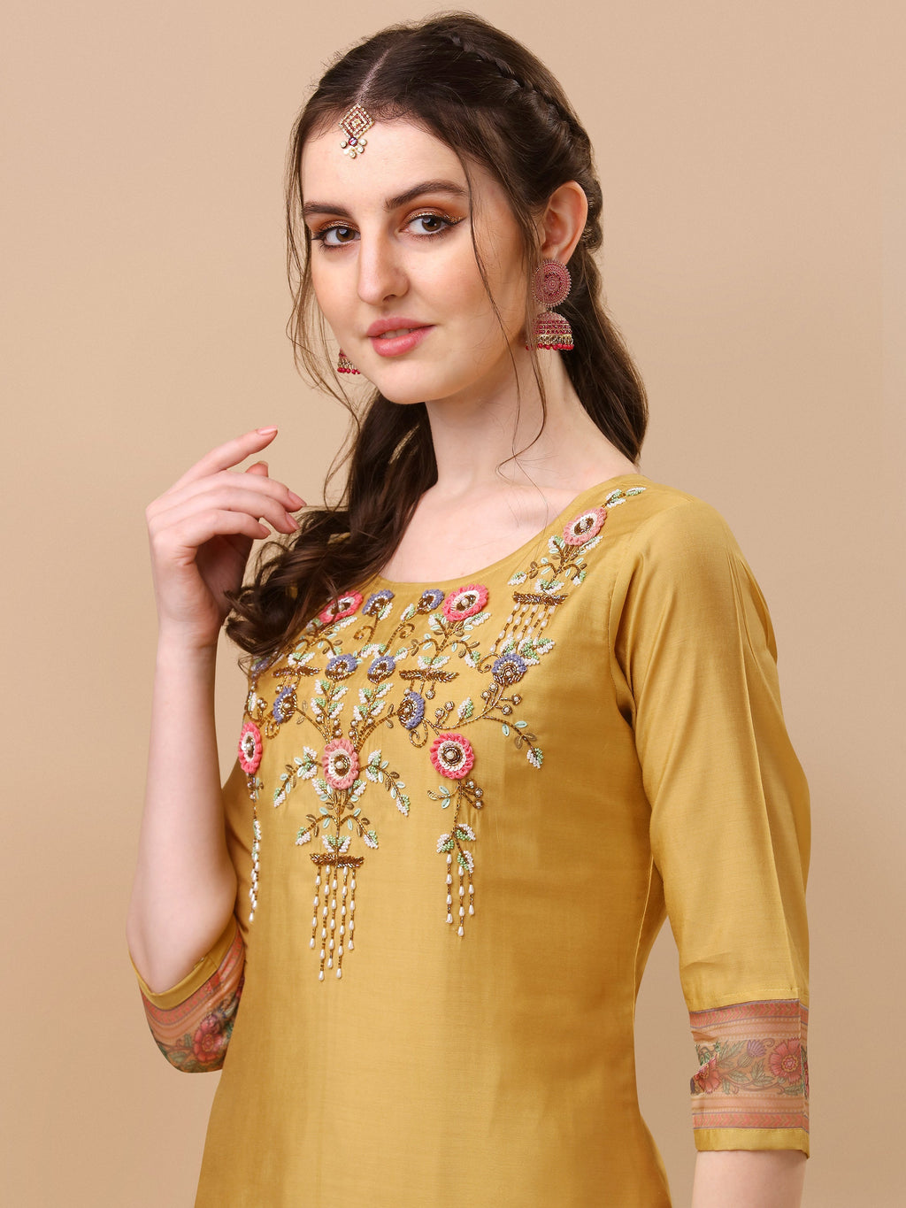 Hand Embroidered Kurta With Pant And Organza Printed Dupatta Set, Multicolor - Hiral Fashion