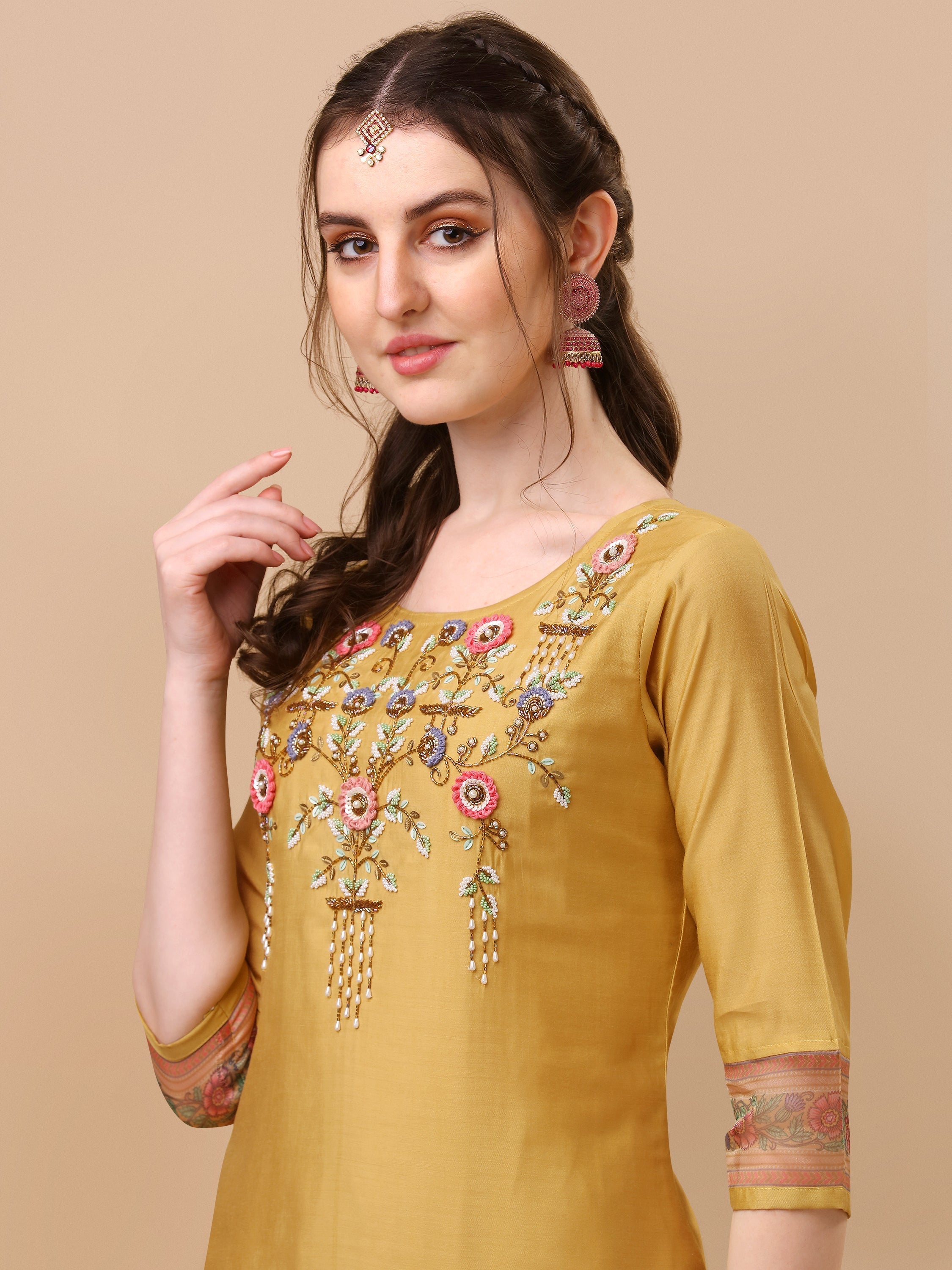 Hand Embroidered Kurta With Pant And Organza Printed Dupatta Set, Multicolor - Hiral Fashion