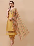 Hand Embroidered Kurta With Pant And Organza Printed Dupatta Set, Multicolor - Hiral Fashion