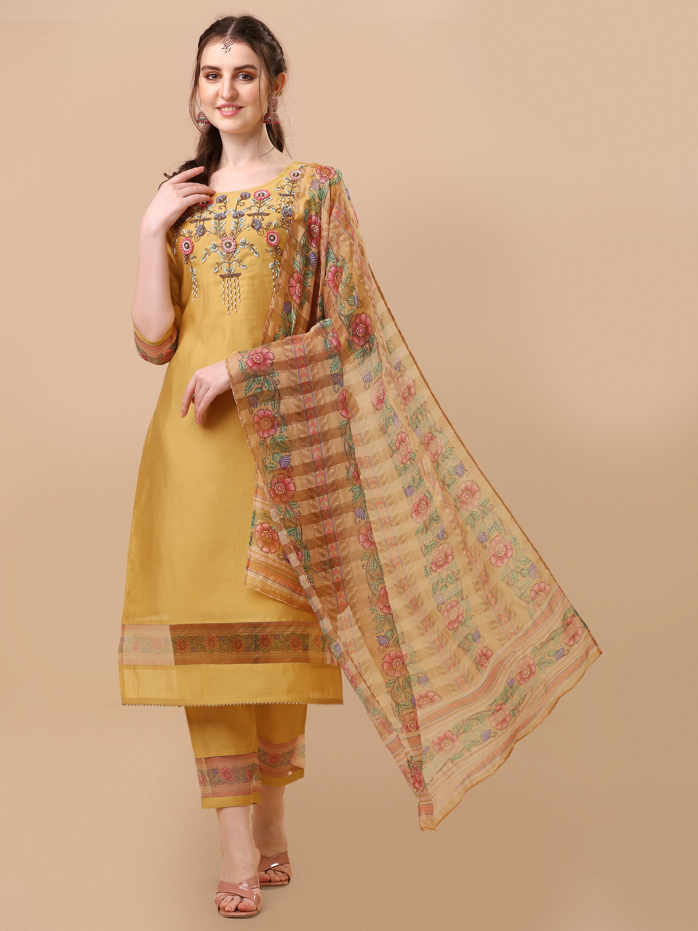 Hand Embroidered Kurta With Pant And Organza Printed Dupatta Set, Multicolor - Hiral Fashion