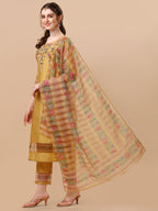 Hand Embroidered Kurta With Pant And Organza Printed Dupatta Set, Multicolor - Hiral Fashion