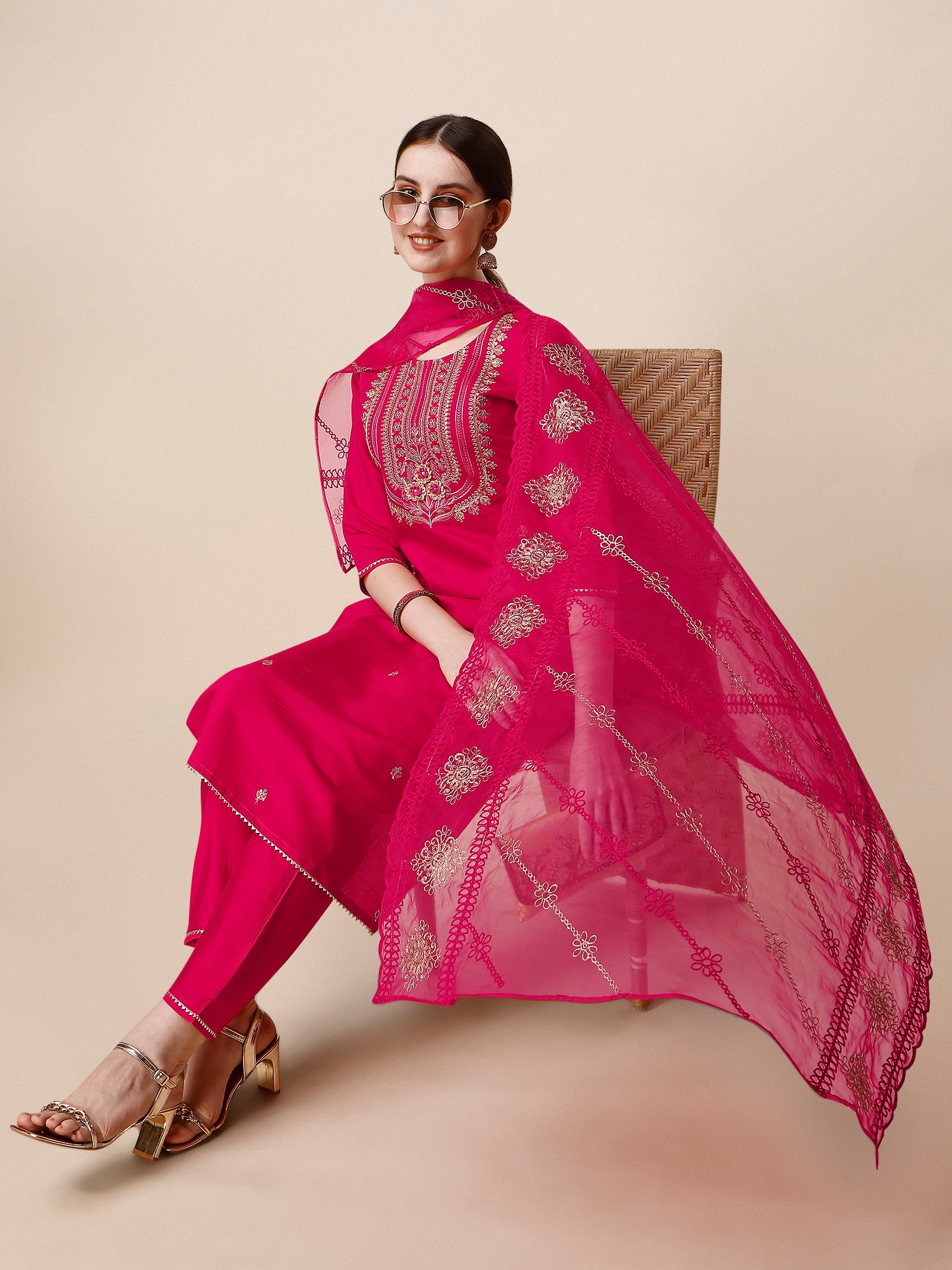 Embroidered Kurta With Pant & Dupatta Set, Multicolor - Hiral Fashion - Distacart