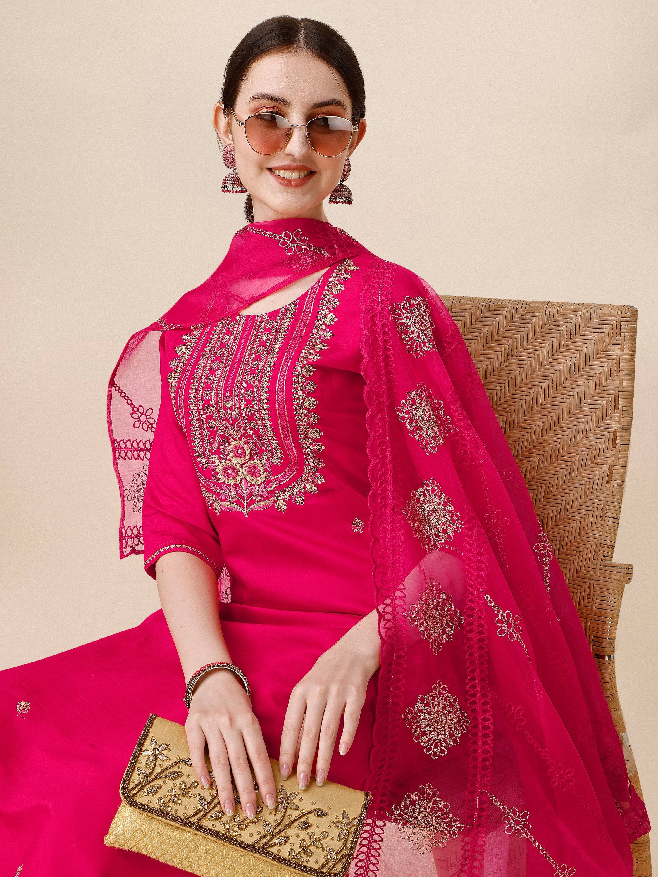 Embroidered Kurta With Pant & Dupatta Set, Multicolor - Hiral Fashion - Distacart