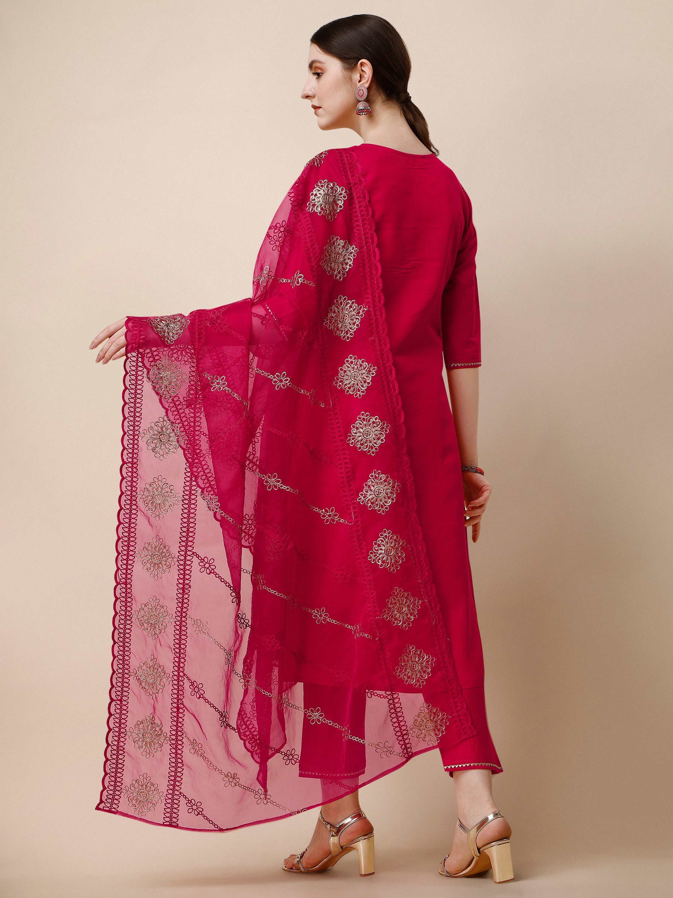 Embroidered Kurta With Pant & Dupatta Set, Multicolor - Hiral Fashion - Distacart