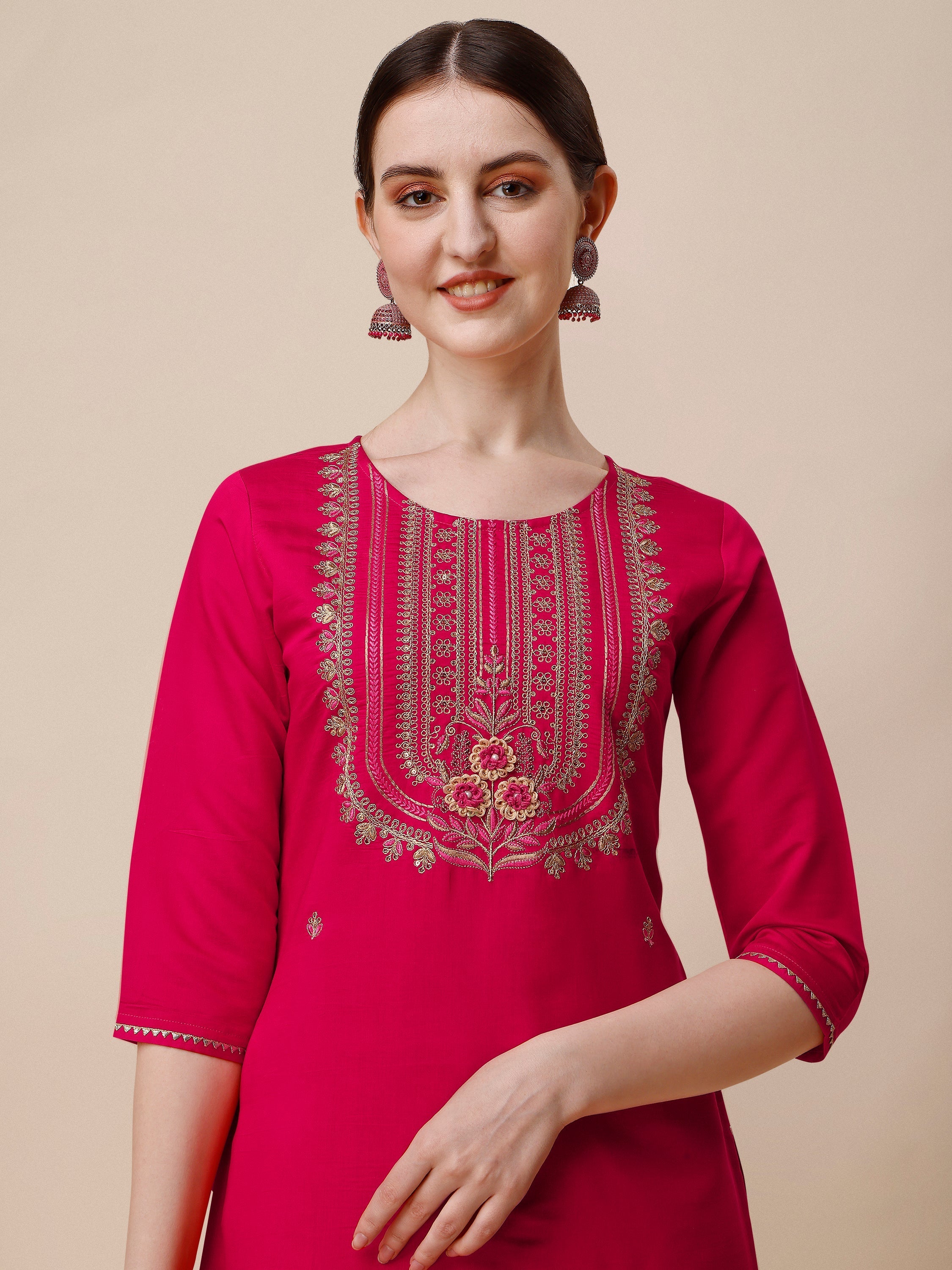 Embroidered Kurta With Pant & Dupatta Set, Multicolor - Hiral Fashion - Distacart