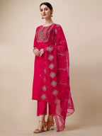 Embroidered Kurta With Pant & Dupatta Set, Multicolor - Hiral Fashion - Distacart