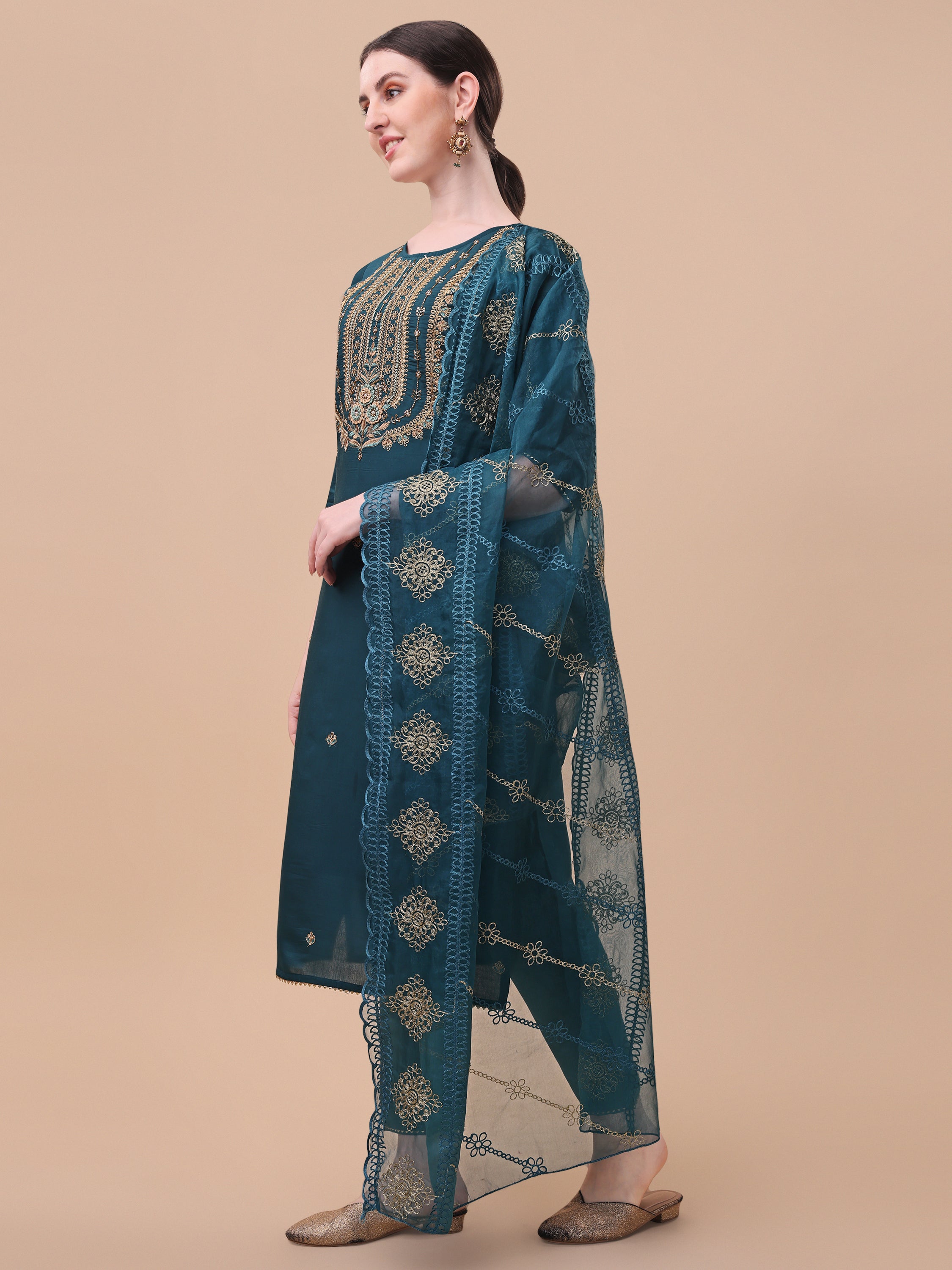 Embroidered Kurta With Pant & Dupatta Set, Multicolor - Hiral Fashion - Distacart