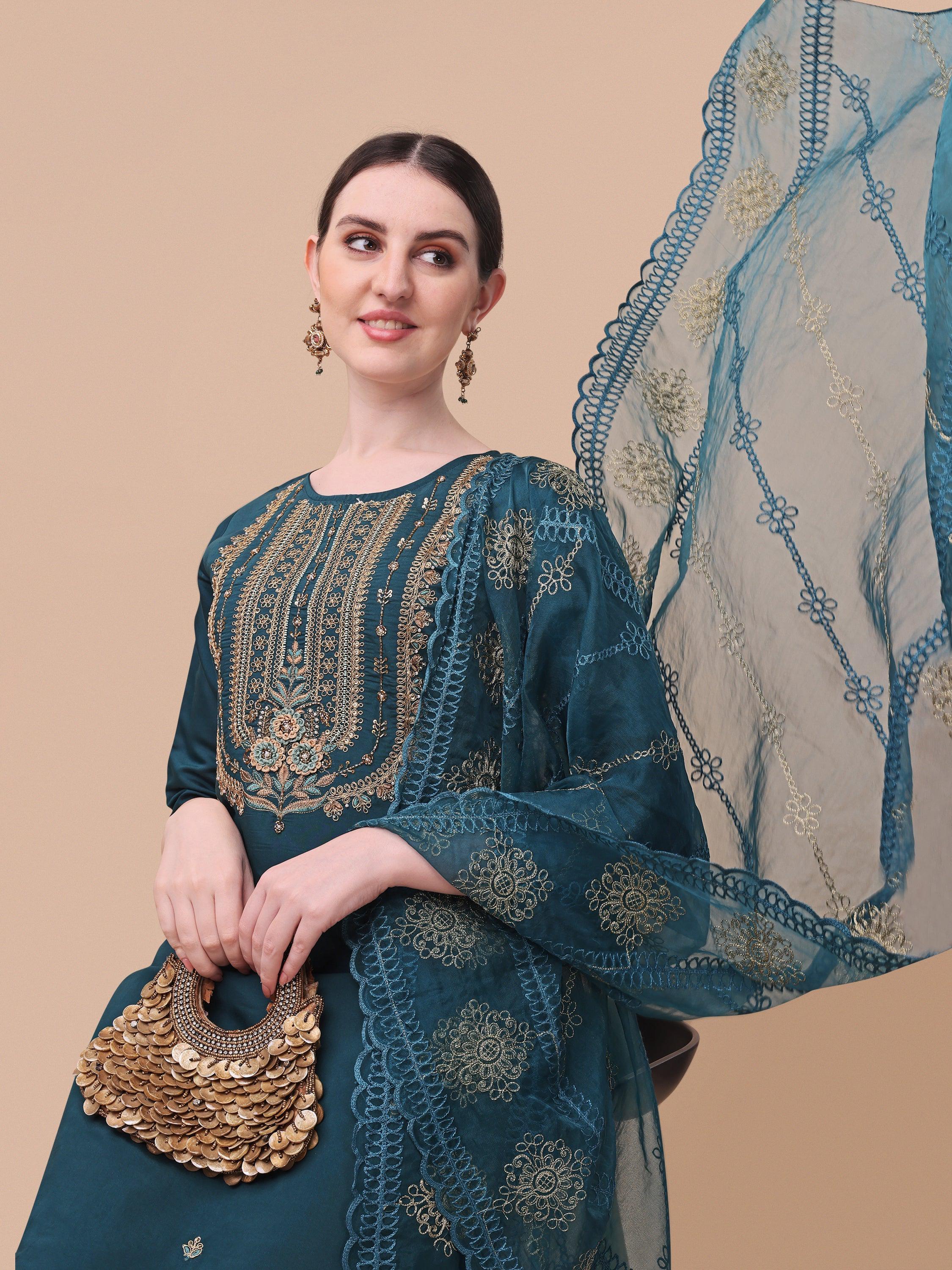 Embroidered Kurta With Pant & Dupatta Set, Multicolor - Hiral Fashion - Distacart