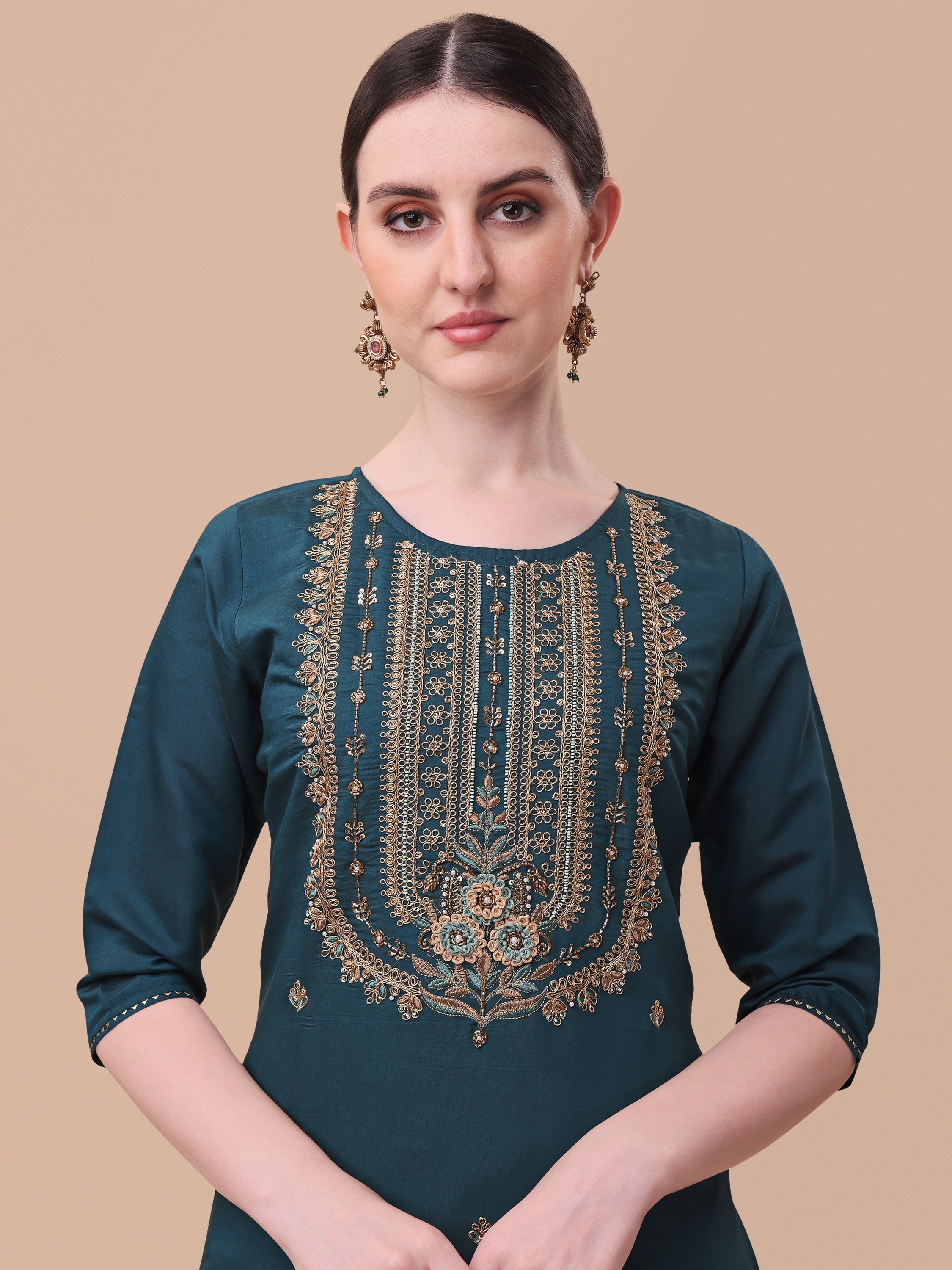 Embroidered Kurta With Pant & Dupatta Set, Multicolor - Hiral Fashion - Distacart