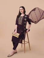 Embroidered Kurta With Pant & Dupatta Set, Multicolor - Hiral Fashion - Distacart