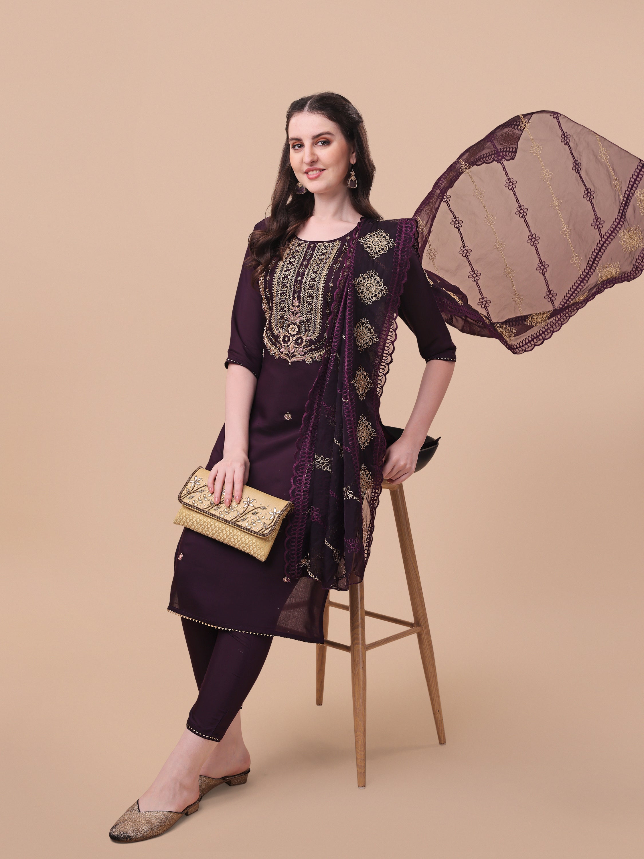 Embroidered Kurta With Pant & Dupatta Set, Multicolor - Hiral Fashion - Distacart