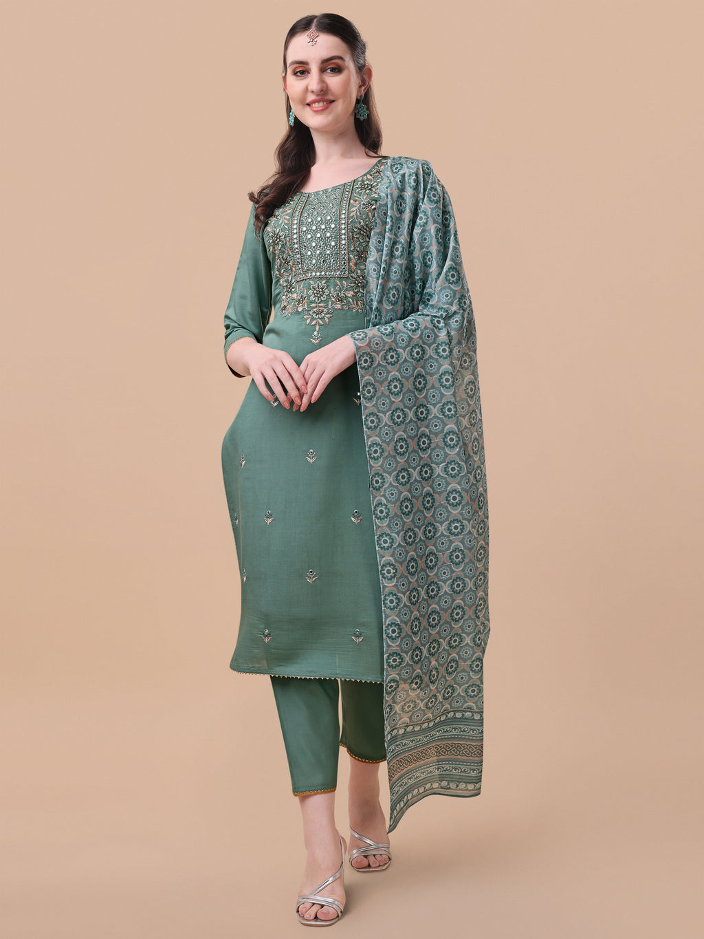Embroidered Kurta With Pant And Printed Dupatta Set, Multicolor - Hiral Fashion