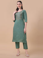 Embroidered Kurta With Pant And Printed Dupatta Set, Multicolor - Hiral Fashion