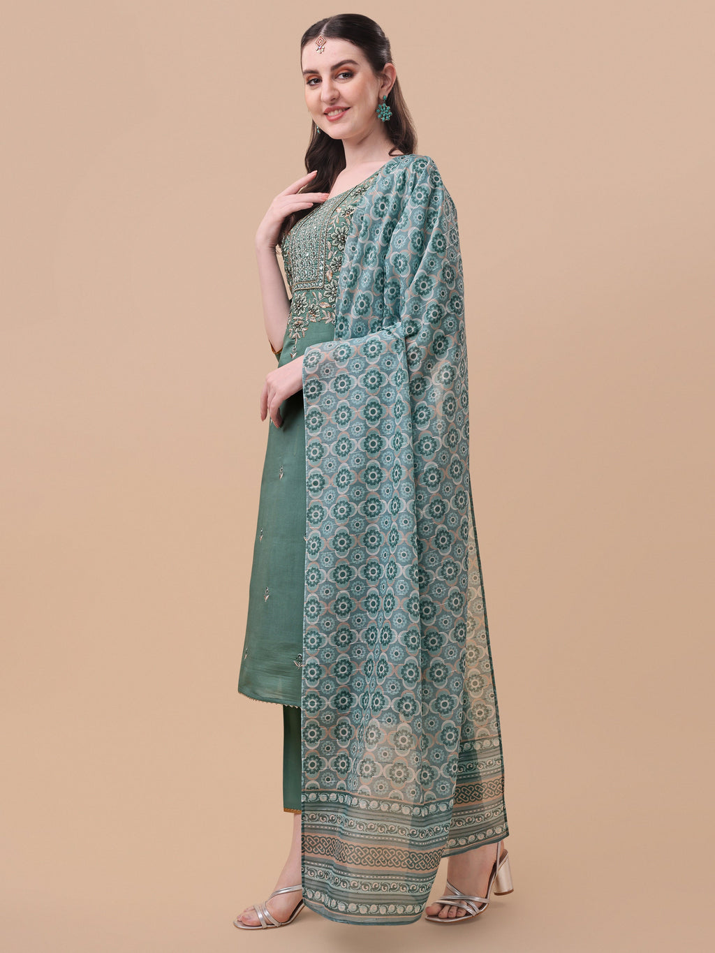 Embroidered Kurta With Pant And Printed Dupatta Set, Multicolor - Hiral Fashion