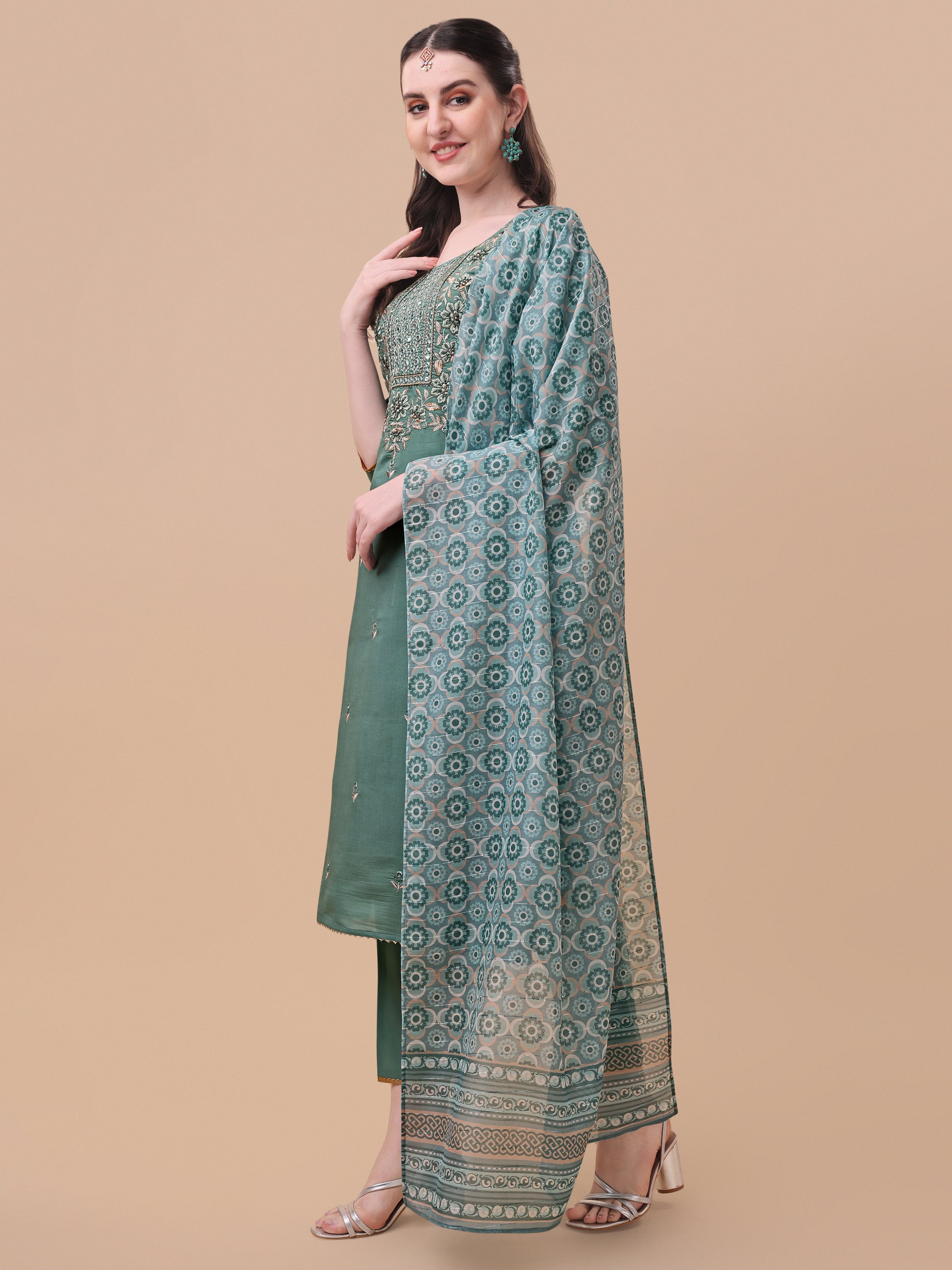 Embroidered Kurta With Pant And Printed Dupatta Set, Multicolor - Hiral Fashion