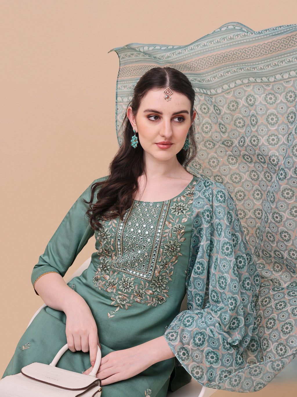 Embroidered Kurta With Pant And Printed Dupatta Set, Multicolor - Hiral Fashion