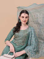 Embroidered Kurta With Pant And Printed Dupatta Set, Multicolor - Hiral Fashion