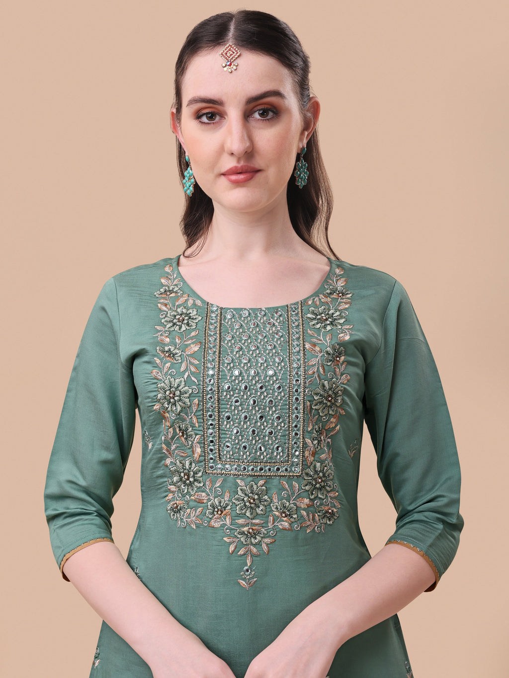 Embroidered Kurta With Pant And Printed Dupatta Set, Multicolor - Hiral Fashion