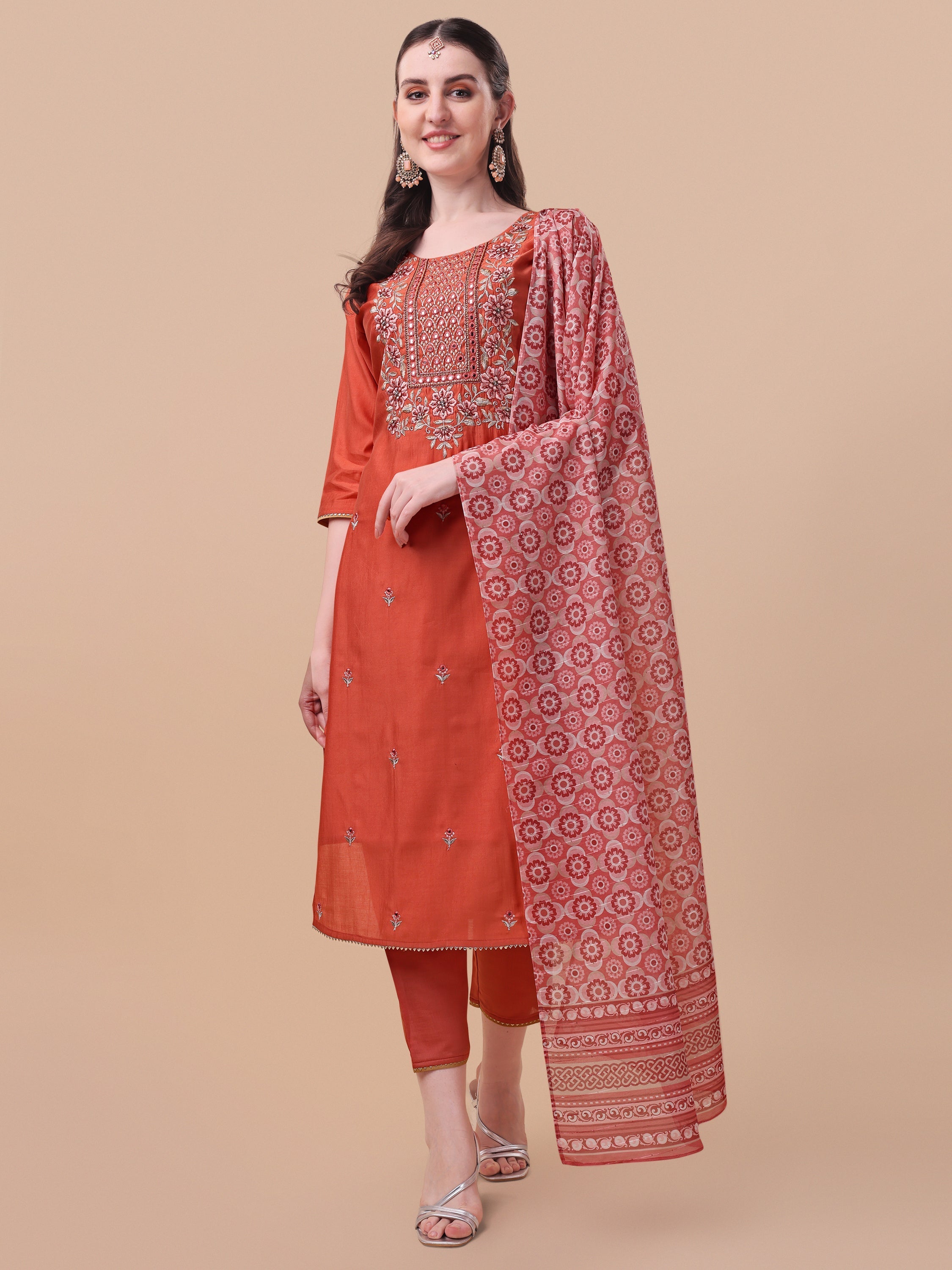 Embroidered Kurta With Pant And Printed Dupatta Set, Multicolor - Hiral Fashion - Distacart