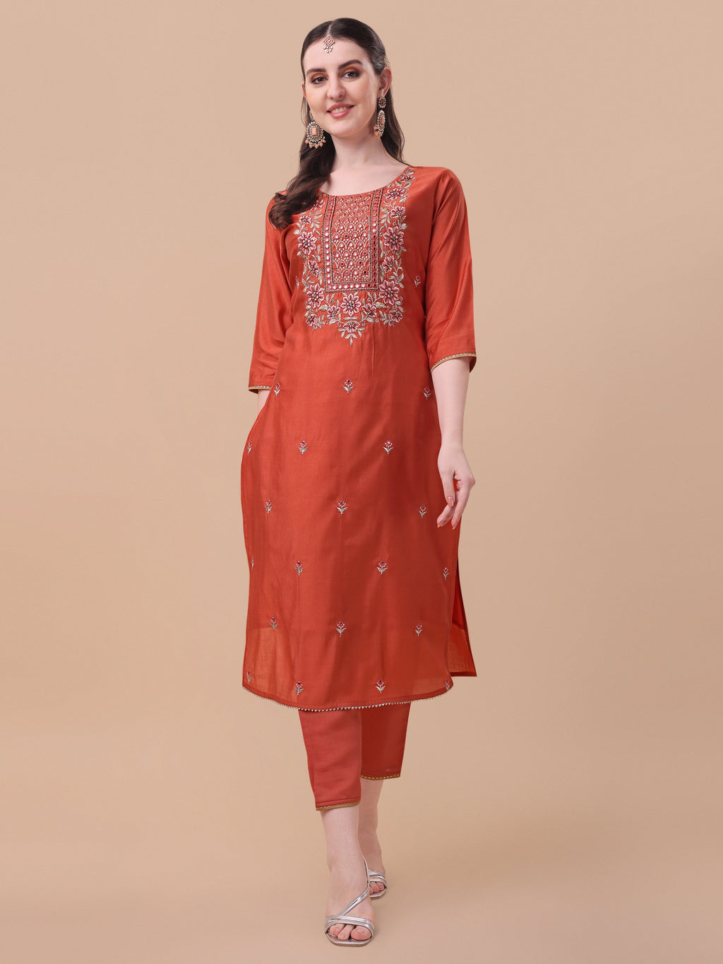 Embroidered Kurta With Pant And Printed Dupatta Set, Multicolor - Hiral Fashion - Distacart