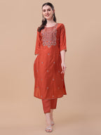 Embroidered Kurta With Pant And Printed Dupatta Set, Multicolor - Hiral Fashion - Distacart