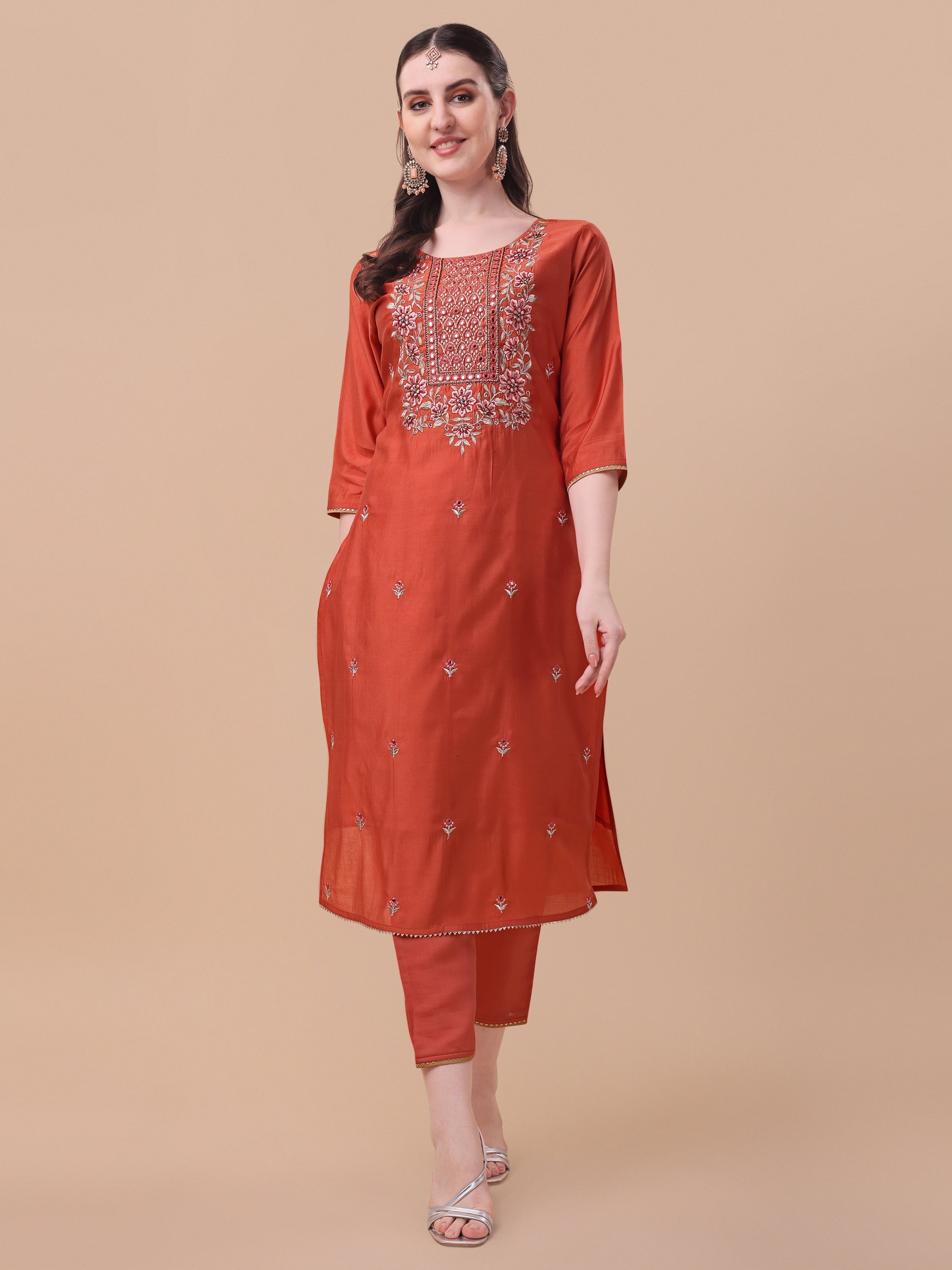 Embroidered Kurta With Pant And Printed Dupatta Set, Multicolor - Hiral Fashion - Distacart