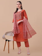 Embroidered Kurta With Pant And Printed Dupatta Set, Multicolor - Hiral Fashion - Distacart