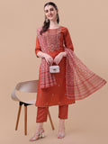 Embroidered Kurta With Pant And Printed Dupatta Set, Multicolor - Hiral Fashion - Distacart
