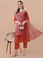 Embroidered Kurta With Pant And Printed Dupatta Set, Multicolor - Hiral Fashion - Distacart