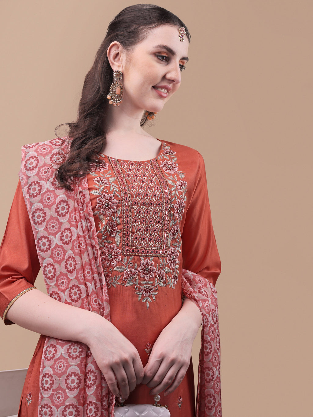 Embroidered Kurta With Pant And Printed Dupatta Set, Multicolor - Hiral Fashion - Distacart