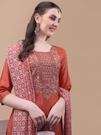 Embroidered Kurta With Pant And Printed Dupatta Set, Multicolor - Hiral Fashion - Distacart